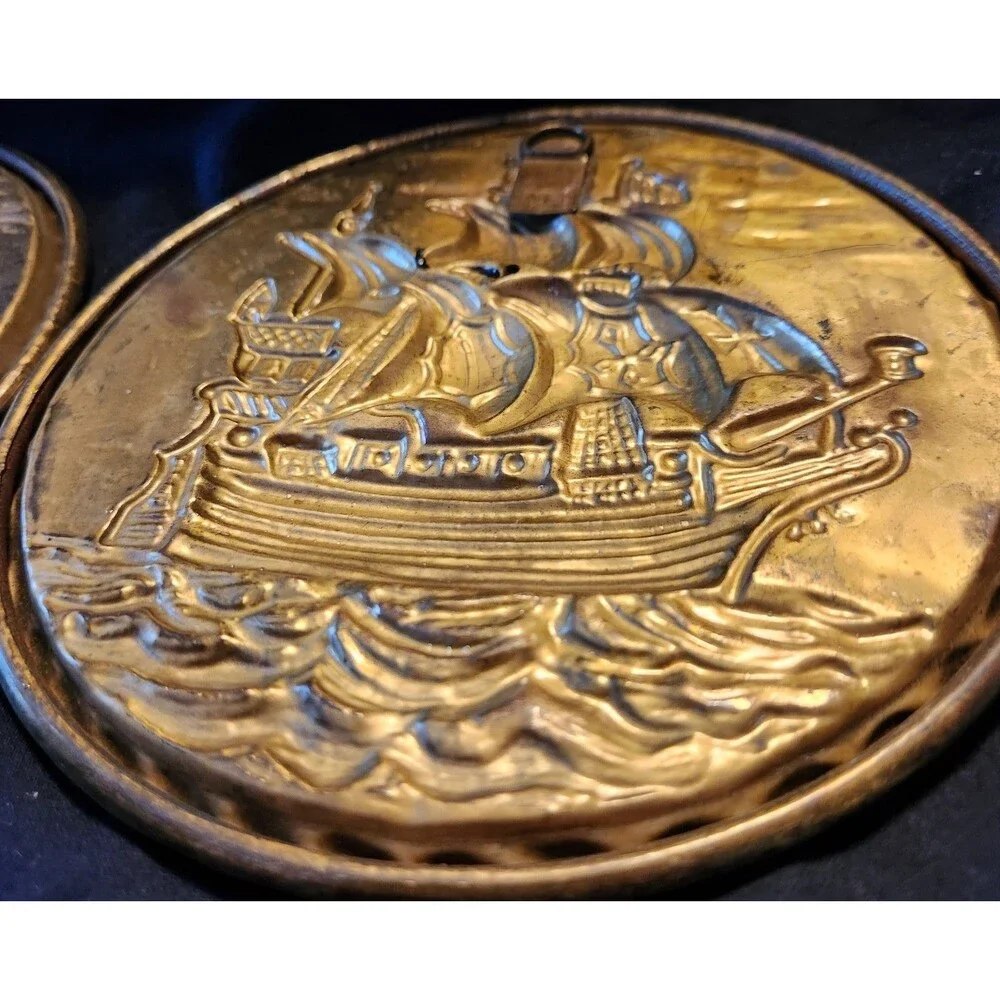2 Vintage Embossed Brass Wall Decor w/  Sailing Ships & Seagulls 8” England